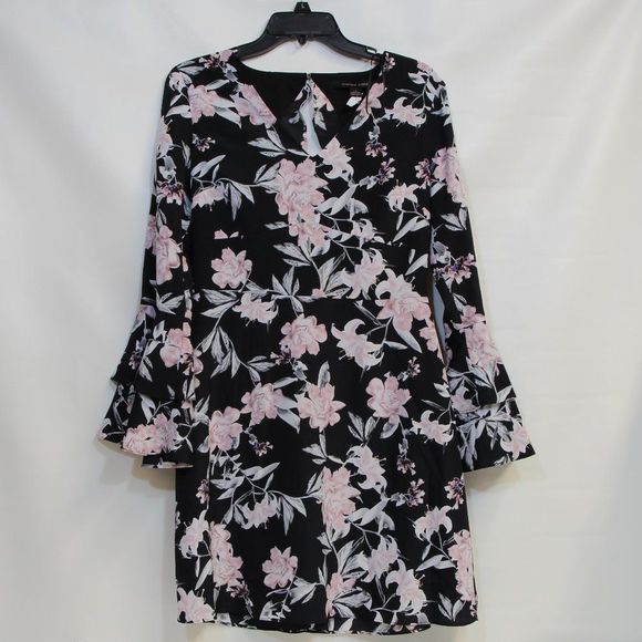 Cynthia Steffe Eden Black & Peach Floral Long Sleeve Ruffle Mini Dress NWOT - Picture 1 of 4